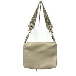 Vegan Leather Cream Shoulder/Crossbody Bag Green Brown Embroidered Woven Strap